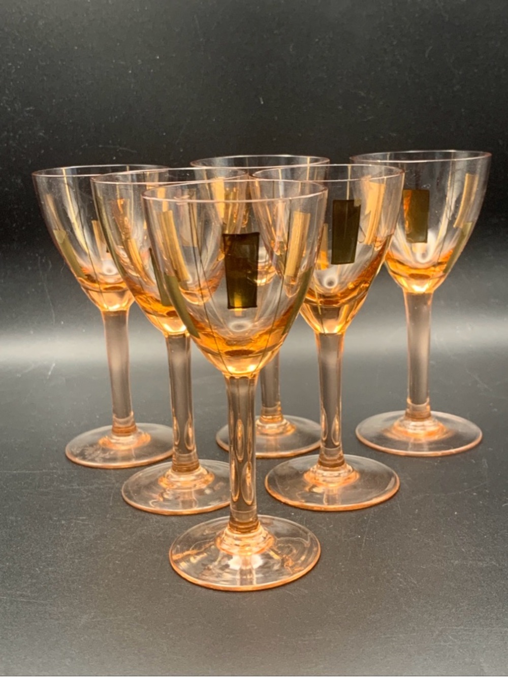 Vintage Pink Hungarian Cordial Aperitif Glasses Gold Accent Panels Lot of 6